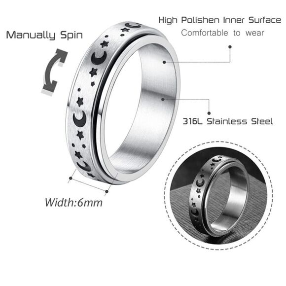 316L Stainless Steel Moon and Stars Fidget Anxiety Stress Relieving Spin Ring - Picture 4 of 4
